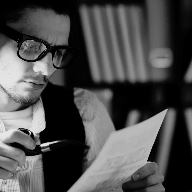 Hombre revisando un documento, representando la labor de análisis y revisión de informes de detectives privados en Málaga